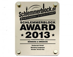 Schlemmerblock AWARD 2013 für das Restaurant Sirtaki in Nürnberg-Langwasser